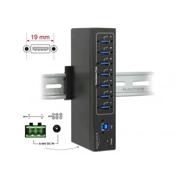 Delock HUB extern industrial cu 7 x USB 3.0 tip A, protectie 15 kV ESD, Delock 63311