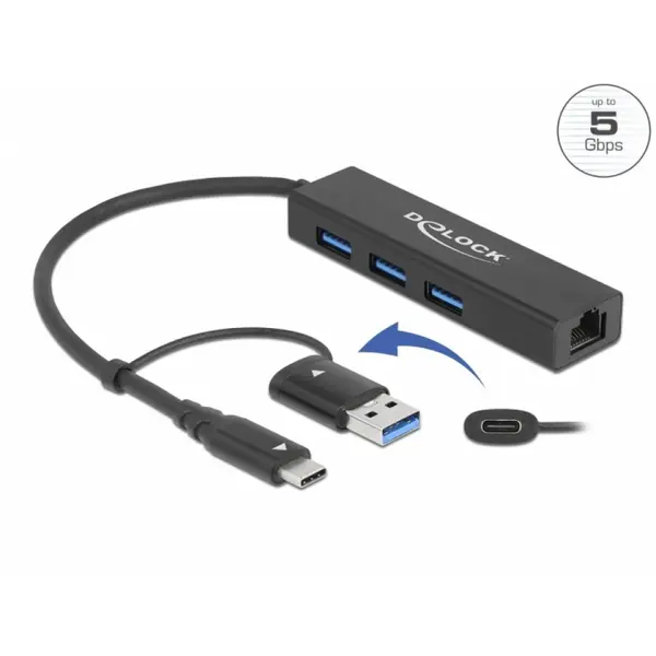 Delock HUB USB 3.2 Gen1 A+C la 3 x USB-A + Gigabit LAN, Delock 64149