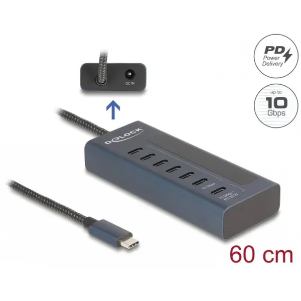 Delock HUB USB 3.2 Gen2 type C la 6 x USB type C + 1 x USB type C PD 20W 0.6m, Delock 64288