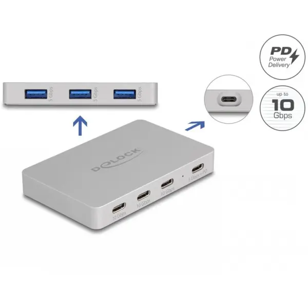 Delock HUB USB 3.2 type C cu 4 x USB-C + 3 x USB-A PD 82W, Delock 64279