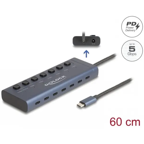 Delock HUB USB 3.2 type C la 7 x USB type C + switch ON/OFF 0.6m, Delock 63410