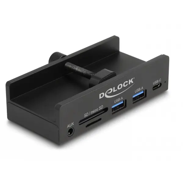 Delock HUB USB-A 5Gbps la 2 x USB-A/1 x USB Type C/SD+MicroSD/jack stereo montare monitor Negru, Delock 64285