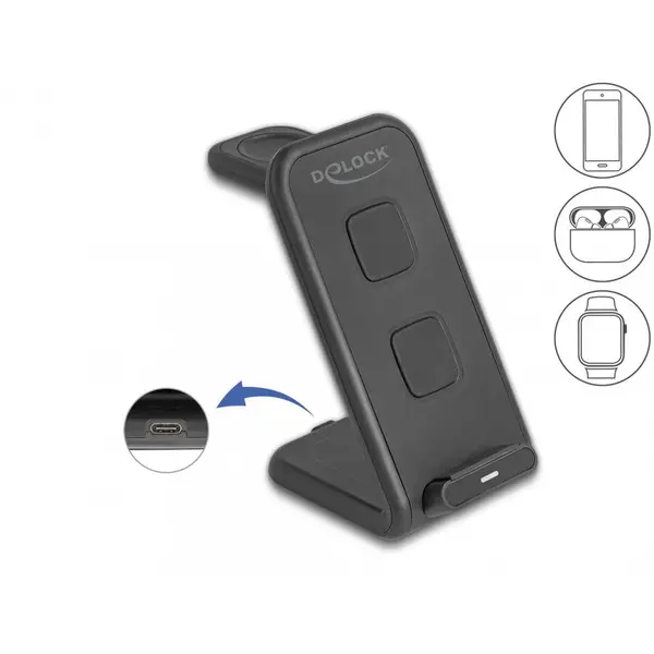 Delock Incarcator wireless 3 in 1, Delock 66941, Maxim 15W, USB-C, Baza anti-alunecare, Negru