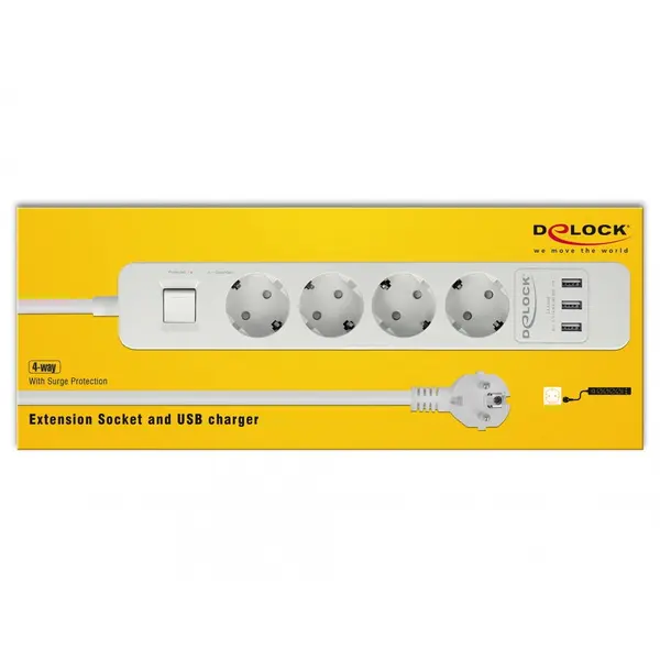 Delock Prelungitor cu protectie 4 prize 16A si 3 x USB 5V/2.4A 1.5m Alb, Delock 11206