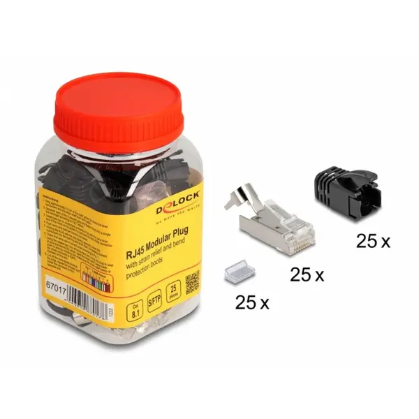 Delock Set 25 buc conector RJ45 SFTP Cat.8.1 pentru fir solid + 25 mansoane Negre, Delock 67017