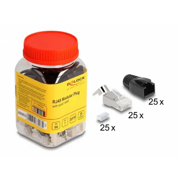 Delock Set 25 bucati conectori de retea Delock 66903, RJ45 SFTP pentru fir solid Cat.6A/Cat.7, manson negru