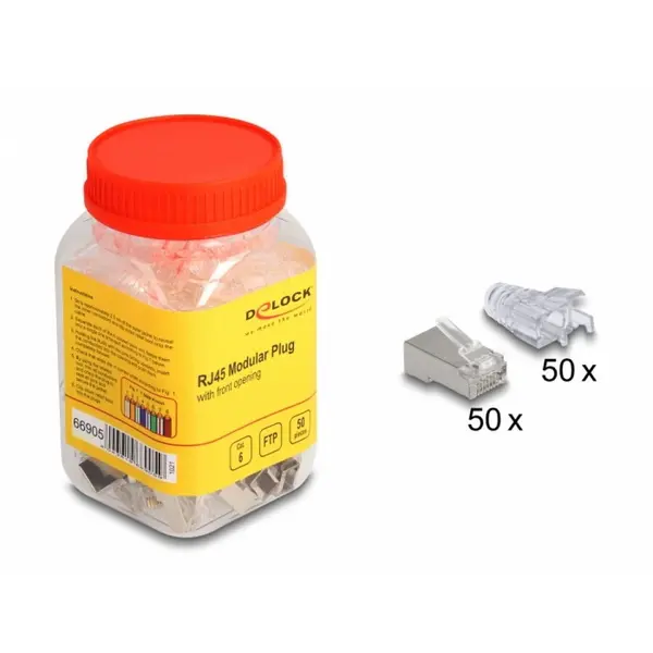 Delock Set 50 buc conector de retea RJ45 FTP pentru Cat.6 (easy connect) + manson transparent, Delock 66905
