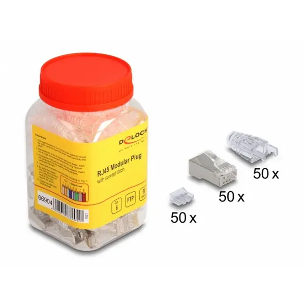 Delock Set 50 buc conector de retea RJ45 FTP pentru Cat.6 + manson transparent, Delock 66904