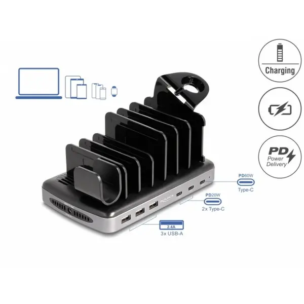 Delock Statie de incarcare (incarcator priza) cu 3 x USB type C PD + 3 x USB-A (112 W), Delock 41461