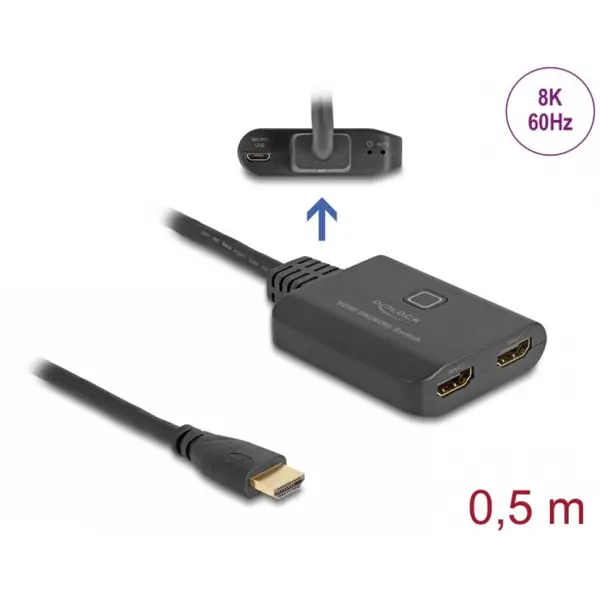 Delock Switch HDMI 2 porturi 8K60Hz/4K144Hz + cablu 0.5m, Delock 18645