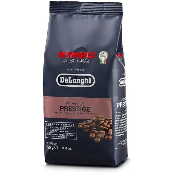 Delonghi Cafea boabe DeLonghi Kimbo Espresso Prestige DLSC614 - 5513282401, 250g, 65% Arabica - 35% Robusta, Prajire medie-avansata, Intensitate 5