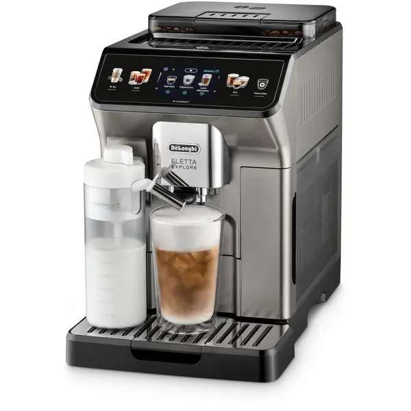 Delonghi Espressor automat De’Longhi Eletta Explore ECAM 450.86.T, 2 Carafe cu tehnologie LatteCrema (Hot & Cool), Tehnologie de extractie la rece, Rasnita cu tehnologie Bean Adapt, Coffee Link App, Cana 473 ml, 1450W, 19 bar, 1.8 l, Negru – Argintiu inc