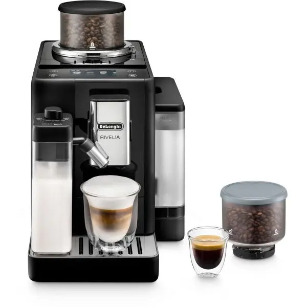 Delonghi Espressor automat De’Longhi Rivelia EXAM440.55.B - 0132215472, 1450W, 19 bar, Rezervor 1.4l, 2 recipiente pentru boabe, Tehnologie Bean Adapt, Carafa cu tehnologie LatteCrema Hot, Onyx Black