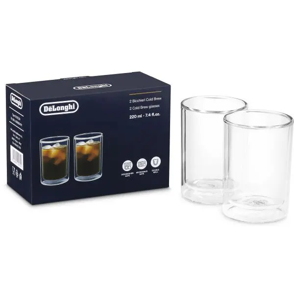 Delonghi Set de 2 pahare DeLonghi Cold Brew DLSC324 - AS00004171, Capacitate 220ml, Perete dublu din sticla borosilicata, Mentin temperatura constanta, Suflate manual, MW Safe, DW Safe