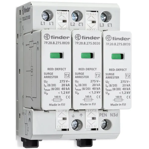 Descarcator de protectie pentru aplicatii fotovoltaice, Finder 7P.23.9.750.0020, Tipul 2, 3 varistoare, 750 VCC, 15kA