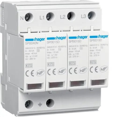 Descarcator supratensiune 4P T2 TNS/TT Uc 275V In 5kA Imax 15kA Hager SPB415D