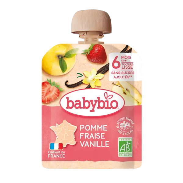 Desert bio din mere, capsuni si vanilie +6 luni, 90g, BabyBio