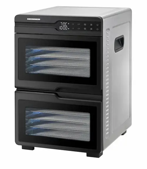 Deshidrator de alimente HEINNER HFD-KDDB1200BKSS, 1200 W, Display LED, 24 L, 12 tavi, Temperatura ajustabila 35-80 C, Timer (Inox)