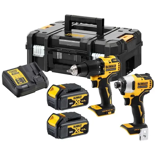 Dewalt Kit Dewalt DCK2062M2T-QW, cu doua masini cu motor fara perii , DCD709+DCF809, XR 18 V - 2 X 4Ah, cutie de transport, Negru-Galben