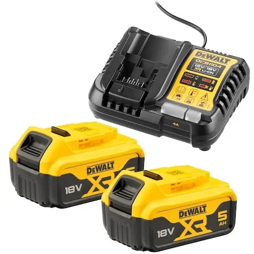 Dewalt Kit starter cu incarcator si 2 acumulatori 5 Ah DeWALT DCB1104P2, 18V, compatibilitate multipla, incarcare rapida, compatibili cu toate uneltele electrice DeWALT 18V XR, Negru-Galben