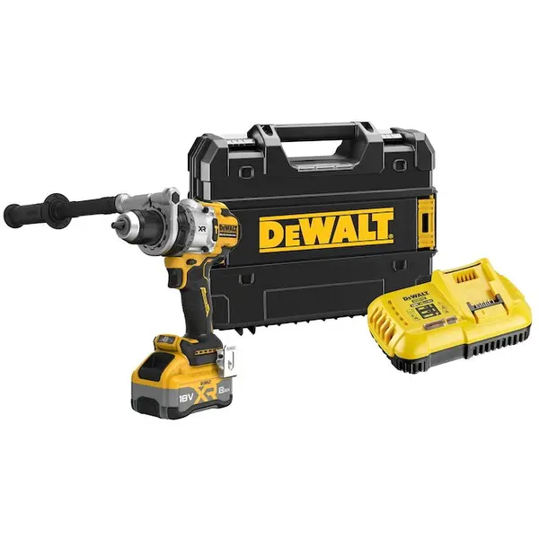 Dewalt Masina compacta de gaurit si insurubat (bormasina) pe acumulator cu percutie DeWALT DCD1007WW1T, 18V, motor fara perii, iluminare LED, 1x acumulator 8 Ah Li-Ion, sistem anti-rotatie, cuplu 169 Nm, 2250 RPM, 38.250 percutii/min, cutie TSTAK, incarc