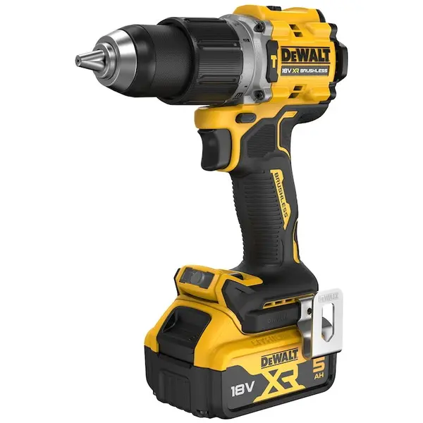 Dewalt Masina compacta de gaurit si insurubat cu percutie (bormasina) pe acumulator DeWALT DCD805P2T, Motor fara perii, 18V XR, Cuplu 90 Nm, Mandrina 13 mm, 2 acumulatori 5 Ah Li-Ion, Include incarcator rapid, Cutie transport din plastic TSTAK