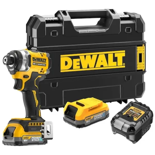 Dewalt Masina compacta de insurubat cu impact pe acumulator DeWALT DCF860E2T, 18V XR, brushless, hex 1/4 inch, 282 Nm, 2x acumulator Li-Ion 1.7 Ah POWERSTACK, iluminare LED, compacta - 122 mm, adaptor magnetic, cutie