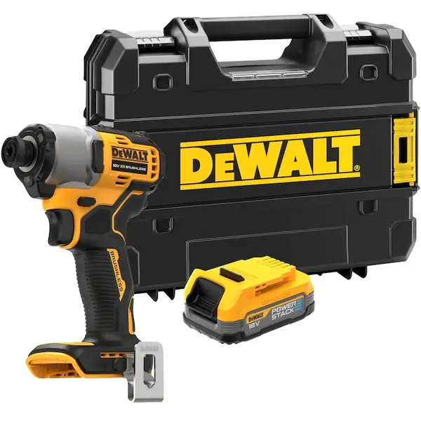Dewalt Masina compacta de insurubat cu impact pe acumulator DeWALT DCF850E1T, 18V XR, motor fara perii, cuplu maxim 205 Nm, 1x Li-Ion 1.7 Ah POWERSTACK battery, 3 speeds, Iluminare LED, clema, adaptor magnetic, geanta de transport, incarcator rapid