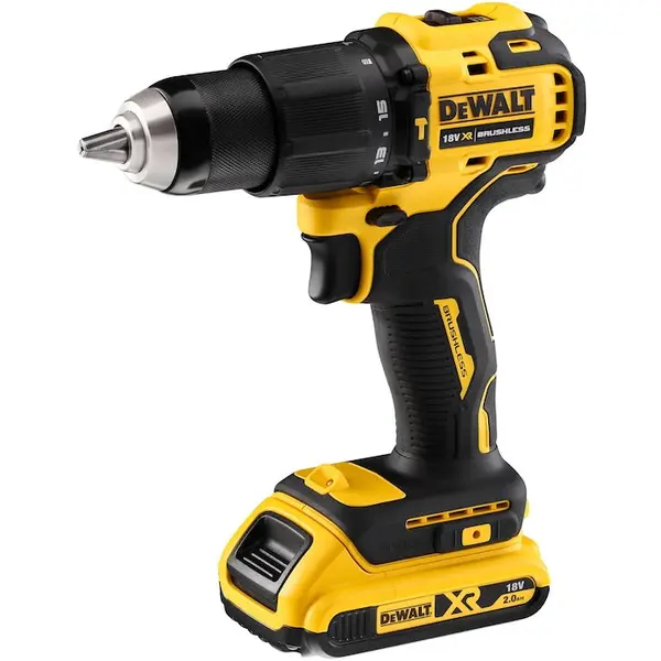 Dewalt Masina de gaurit si insurubat cu percutie (bormasina) pe acumulator DeWALT DCD709M1-QW, motor fara perii, 18V, 65 Nm, 2 viteze, mandrina metal 13 mm, acumulator 4 Ah, incarcator rapid, clema, valiza