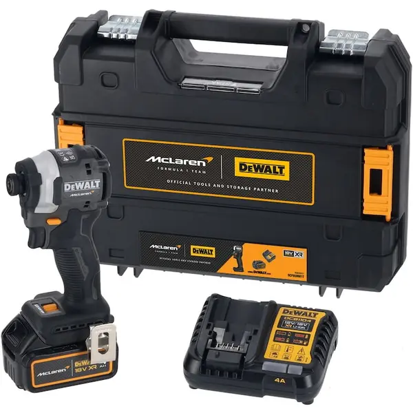 Dewalt Masina de insurubat cu impact pe acumulator DeWALT DCF85MM1T, Editie limitata McLaren, 18V XR, 1/4 inch, acumulator Li-Ion 4 Ah, motor fara perii, iluminare LED, ultra compacta 100mm, cuplu strangere 206 Nm, viteza 0-3250 RPM, cutie transport TSTA