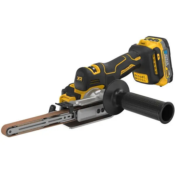 Dewalt Masina de slefuit profesionala cu banda pe acumulator DeWALT DCM200E2T, 18V XR, brushless, 2x acumulator Li-Ion 1.7 Ah POWERSTACK, iluminare LED, latime banda 13 mm, viteza maxima 1.700 m/min, brat pivotant 173 grade, cutie TSTAK, incarcator rapid