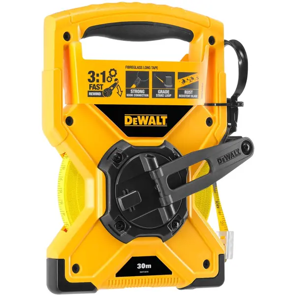 Dewalt Ruleta cu banda lunga 30 m DeWALT DWHT34218-0 fibra de sticla, latime 12.5 mm, raport 3:1, manivela otel inoxidabil, carabiniera portabila, rezistenta si durabila