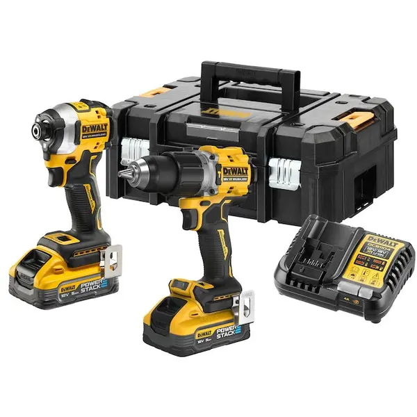 Dewalt Set 2 scule profesionale pe acumulator DeWALT DCK2050H2T, 18V XR, Motor fara perii, Masina de gaurit cu percutie DCD805, Masina de insurubat cu impact DCF850, 2x acumulator Li-Ion 5 Ah POWERSTACK, Incarcator rapid, Cutie transport TSTAK