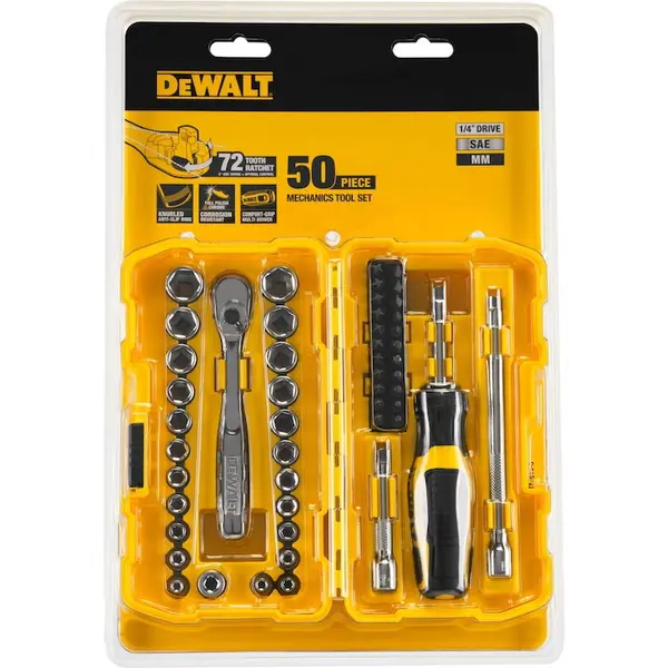 Dewalt Set scule mecanice DeWALT DWMT81610-0, 1/4 inch 50 piese, clichet cu 72 de dinti pentru unghi de 5 grade in spatii inguste, tehnologie DirectTorque pentru prevenirea rotunjirii suruburilor si prindere puternica inele striate anti-alunecare