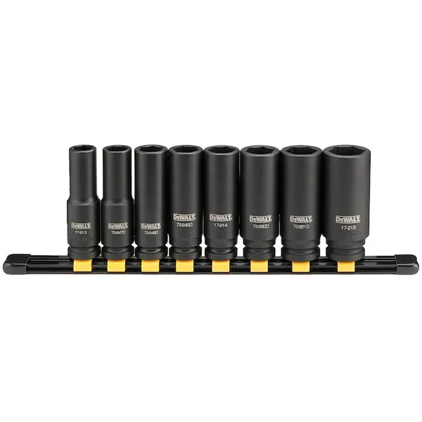 Dewalt Set tubulare de impact 8 piese DeWALT DWMT86090-0, 1/2 inch, dimensiuni 13-24 mm, otel CR-440 tratat termic, tehnologie DirectTorque pentru rezistenta la uzura, protejate cu un strat de oxid negru, marcaj laser, suport sina