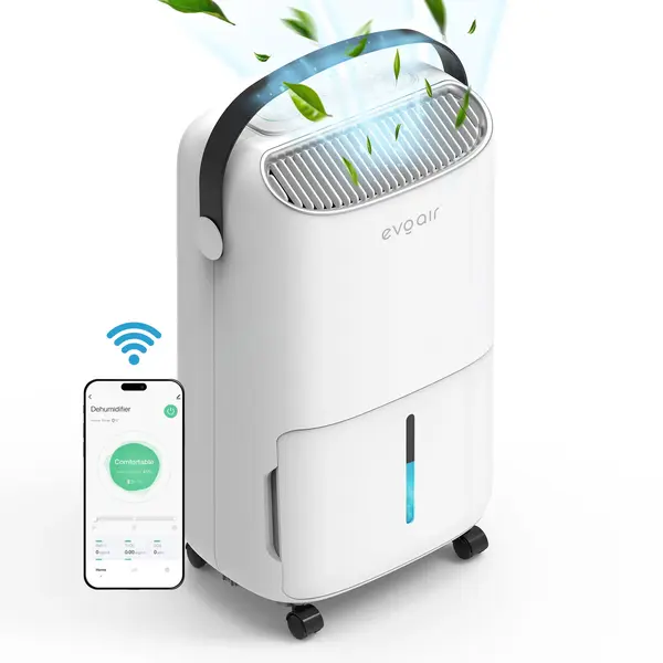 - Dezumidificator Evoair, NovaDry 12 Smart, 12l/24h, Senzor de Umiditate, Functie Ionizare, Uscare Rufe, Rezervor 2.5l, Lampa UVC, Alb, Curea Neagra