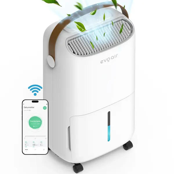 - Dezumidificator Evoair, NovaDry 12 Smart, 12l/24h, Senzor de Umiditate, Functie Ionizare, Uscare Rufe, Rezervor 2.5l, Lampa UVC, Alb, Curea Maro