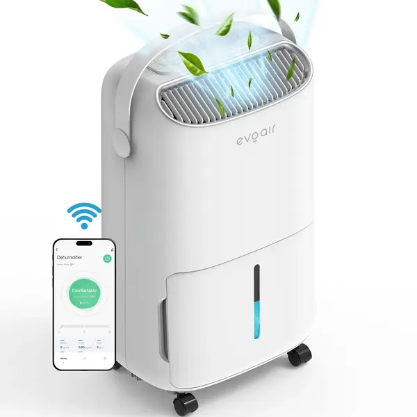 - Dezumidificator evoair, NovaDry 12 Smart, 12l/24h, Senzor de Umiditate, Functie Ionizare, Uscare Rufe, Rezervor 2.5l, Lampa UVC, Alb, Curea Crem