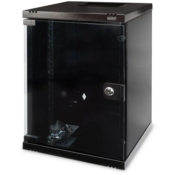 Digitus Cabinet Rack de perete Digitus DN-10-09U-B, 10 inch, 9U, usa din sticla securizata, Negru