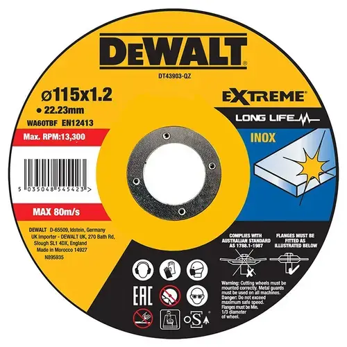 Disc de taiere inox DeWALT DT43903-QZ, 115x22.2x1.2 mm, 13300 rpm