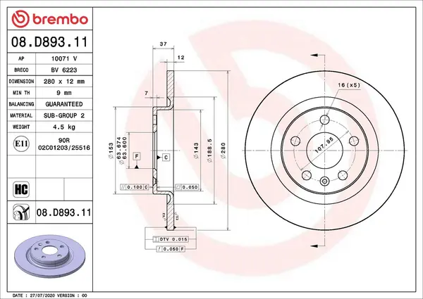 Disc frana BREMBO PRIME LINE - UV Coated 08.D893.11