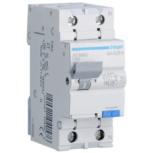 Disjunctor diferential 1P+N 40A/30mA curba C tip AC 4.5kA Hager AD890J