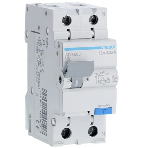 Disjunctor diferential RCBO 1P+N 6A/30mA curba C tip AC 4.5kA Hager AD856J