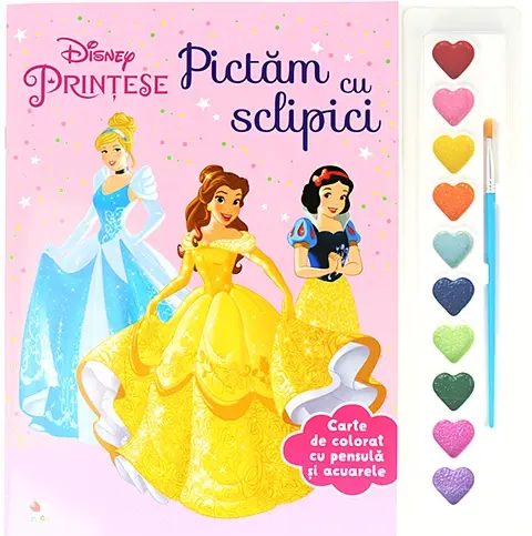 Disney. Printese. Pictam cu sclipici. Carte de colorat cu pensula si acuarele |