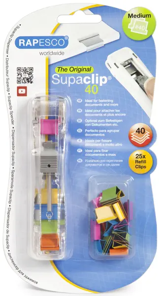 Dispenser clipsuri Rapesco - Supaclip, pentru 40 file, cu 25 clipsuri colorate
