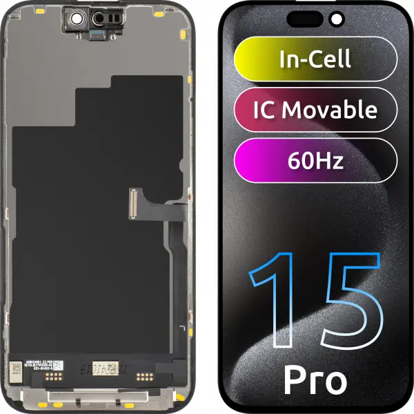 Display cu Touchscreen JK pentru Apple iPhone 15 Pro, cu Rama, Versiune LCD In-Cell IC Movable, Negru