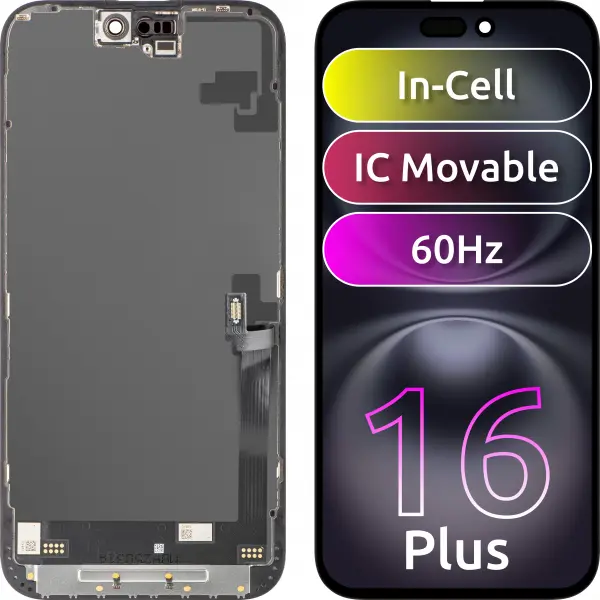 Display cu Touchscreen JK pentru Apple iPhone 16 Plus, cu Rama, Versiune LCD In-Cell IC Movable, Negru