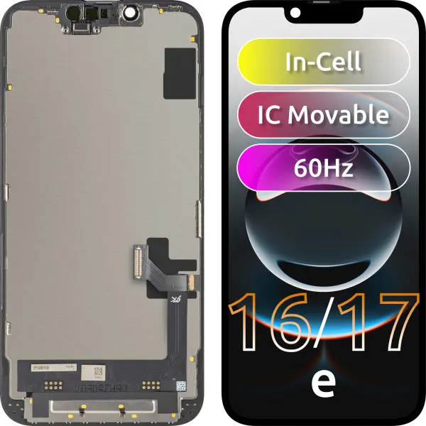 Display cu Touchscreen JK pentru Apple iPhone 17e / 16e, cu Rama, Versiune LCD In-Cell IC Movable, Negru