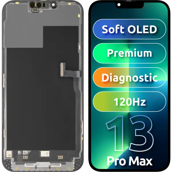 Display cu Touchscreen MP compatibil cu Apple iPhone 13 Pro Max, cu Rama, Versiune Premium Soft OLED FHD 120Hz Diagnostic, Negru