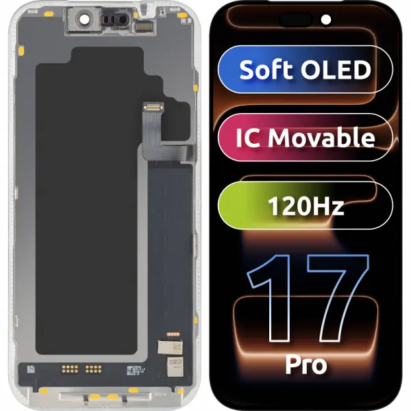 Display cu Touchscreen MP compatibil cu Apple iPhone 17 Pro, cu Rama, Versiune Soft OLED FHD 120Hz IC Movable, Negru